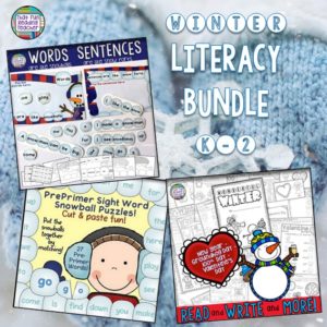 Here's a winter-themed literacy bundle with snowball sight-word puzzles, no-prep, reading and writing activities and a fun words vs. sentences set! $
