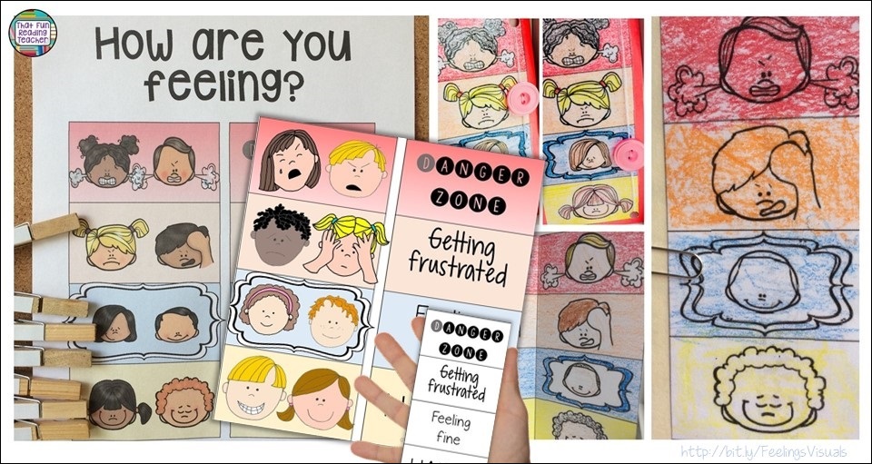 Feelings scales like these make it easier for kids to communicate their emotions without saying a word. Students can answer "How are you feeling?' by simply pointing to a picture, or with the slide of a paperclip, button or placement of a clothes peg. #feelings #feelingsscale #emotions #selfregulation 