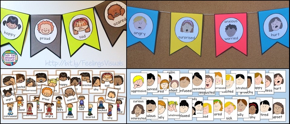 I like to display these half-page feelings flags where kids can point to them. The posters below are full-page size, but are also included as playing cards in the set.