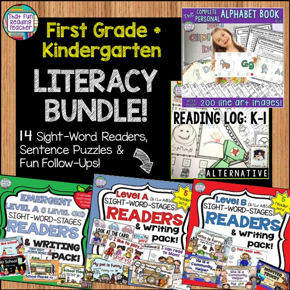 This kindergarten and first grade literacy bundle has 14 Sight Word Reader, sentence puzzle and fun follow-ups sets, The Complete Personal Alphabet Book Kit with over 200 line art images, and a fun and flexible Reading Log alternative for the K-1 crowd! $