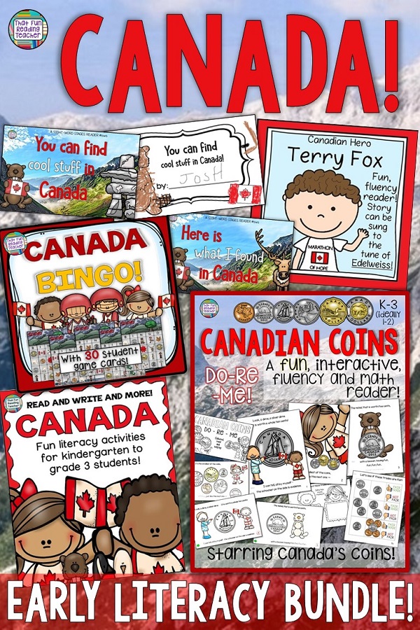 Teaching kindergarten and primary students about Canada?  This fun, Canada-themed bundle combines early literacy skill practice, vocabulary, reading, writing, social studies and math (Canadian coins)! Click through to view details of individual products included! $ #Canada #teaching #tpt #teacherspayteachers #elementary #thatfunreadingteacher #earlylearning #earlyliteracy
