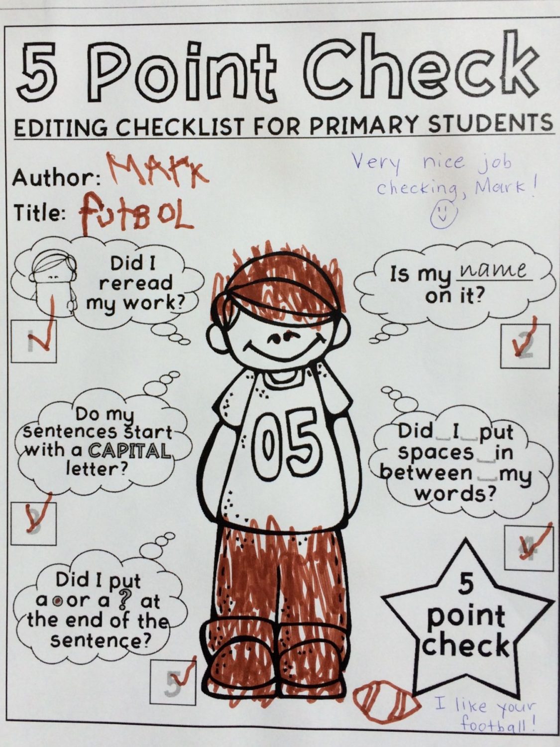 Example of That Fun Reading Teacher's free editing checklist (boy)
