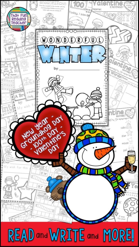 Celebrate Winter, New Year, Groundhog day, 100th day or school and Valentine's Day with these fun (no prep) early literacy skill pages for K-2 students! Many are differentiated, and early finishers have plenty to color! $ #teaching #earlyliteracy #earlylearning #noprep #winter #tpt #ThatFunReadingTeacher 