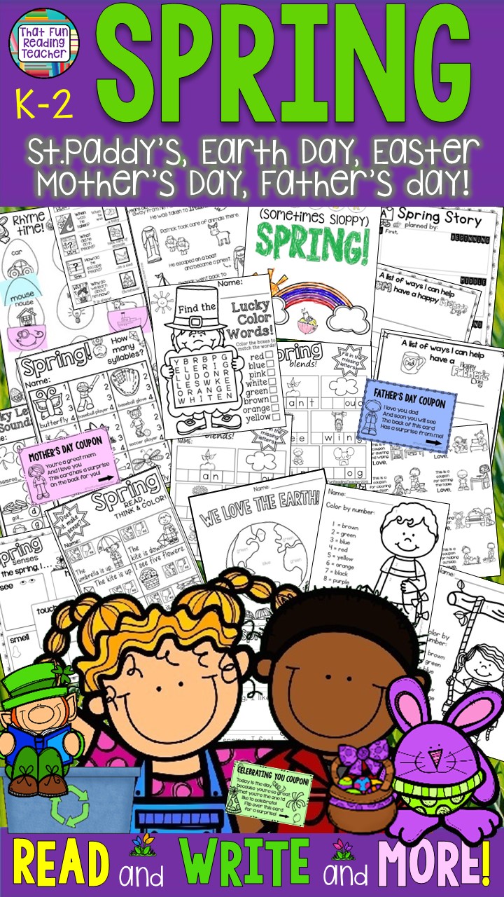 Fun #Spring printable reading and writing activities K-2! Earth day, Easter, Mothers Day, Father's Day, St. Patrick's Day! $