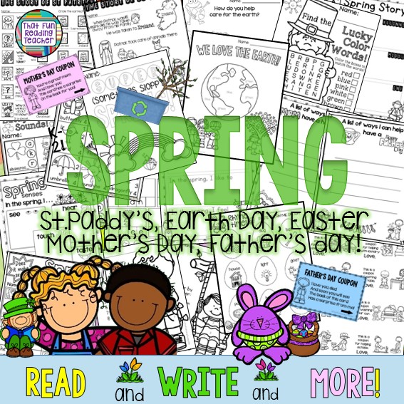 Fun, printable Spring Literacy Activities K-2! St. Patrick's Day, Earth Day, Easter, Mother's Day, Father's Day $