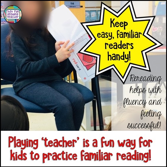 Looking for a way to encourage beginning readers? Leave easy, familiar books beside the teacher's chair and see what happens! #kindergarten #reading #playingteacher #familiarreading #education #learningthroughplay