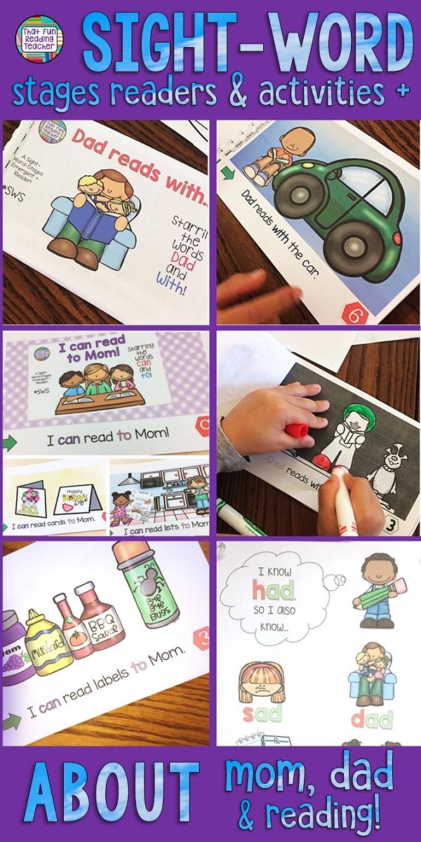 These sight-word-stages Level A/B readers about what kids can read to mom, and examples of Dad reading, are highly motivating for beginning readers! Students love to read the color copies in the classroom, and can practice writing sight-words in differentiated line art copies to take home. Click through for more details! $ #guidedreading #kindergarten #mothersday #fathersday #tpt #teacherspayteachers