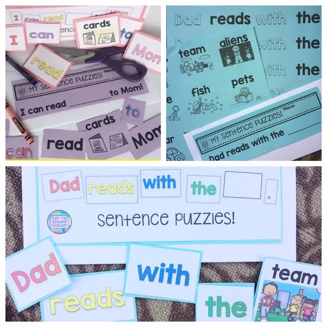 A sample of pre-made sentence puzzles from Sight-Word-Stages Readers and 2 pack Writing Sets starring Mom and Dad $