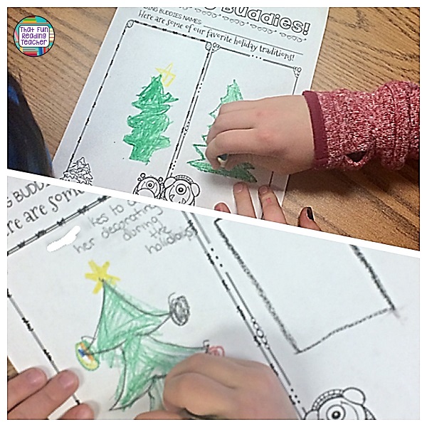 My kindergarten students read stories with their reading buddies about how different characters celebrate the holiday season. The buddies then compared their own holiday traditions and drew side-by-side pictures of them. $ #readingbuddyactivities #christmas #holidays #readingbuddies