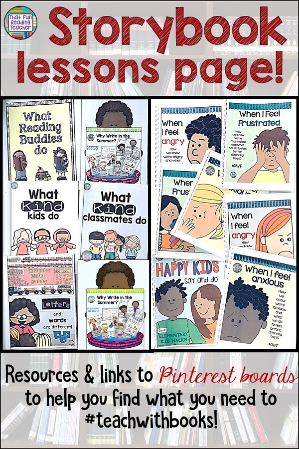Storybook lessons page - Resources and links to Pinterest boards to help you find what you need to teach with books #teachwithbooks #elementary #teaching