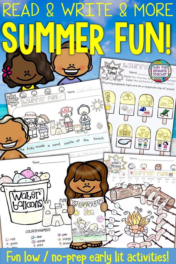 My students love these fun, summer-themed, early literacy skill practice that they color in when they are finished! Beach, water, BBQ and camping themed printables cover a variety of early reading and writing skills! #summer #teaching #endofschoolyear #distancelearning #1stgrade #tpt 