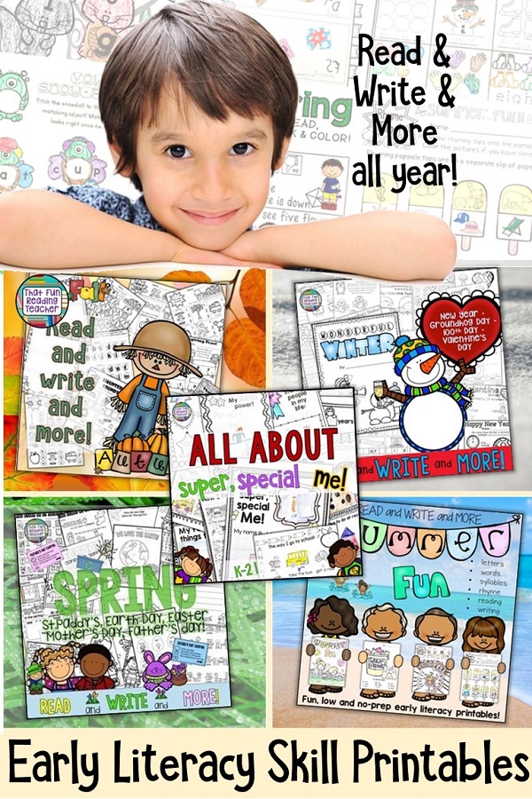 Fun, seasonal, no or low-prep printable early literacy resources to last the whole year! Early lit skills, graphic organizers and thematic paper! $