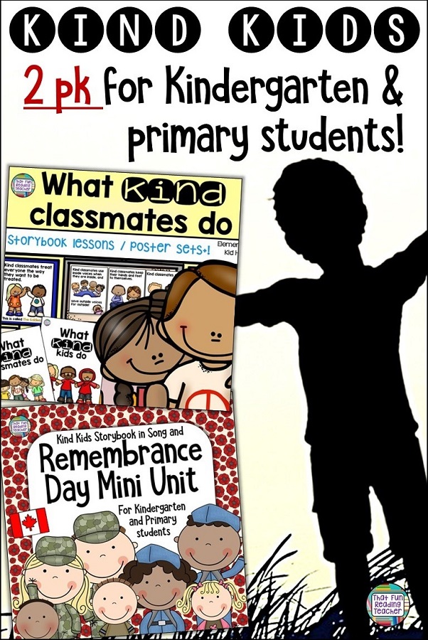 Teach kindness through stories, pictures, colouring, song and more with primary, kindergarten resources for #BTS and Remembrance Day ! $ #kindness #RemembranceDay #kindergarten #primary #teaching #tpt