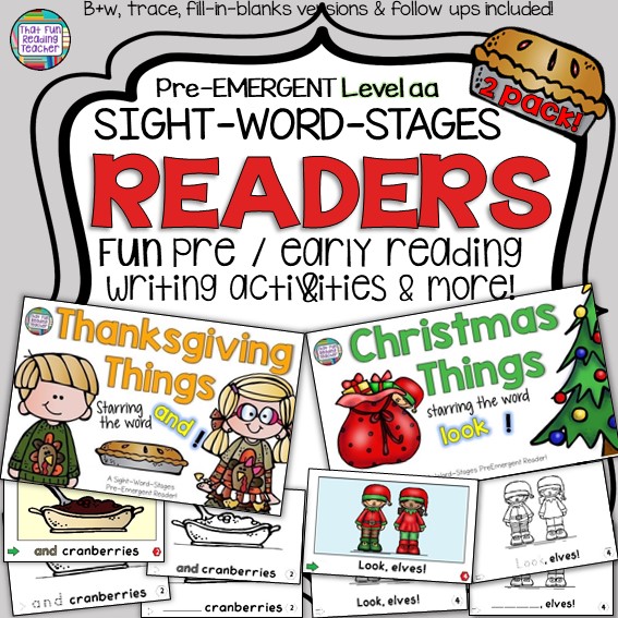 Teaching kindergarten students how to read? Keep the color versions of these fun holiday themed PreEmergent Readers in your classroom, while students color their own line-art copy to take home for familiar reading! $ #earlylearning #kindergarten #thanksgiving #christmas #guidedreading