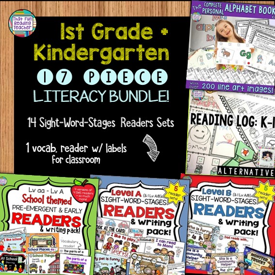 First grade and kindergarten teachers, click through to save with this bundle! Best-selling personal alphabet book kit, alternative reading log and 15 Level aa-B Sight-Word Reader, sentence puzzles and fun follow-ups sets included! $ #guidedreading #earlyliteracy #kindergarten #tpt #btsreadywithtpt #thatfunreadingteacher