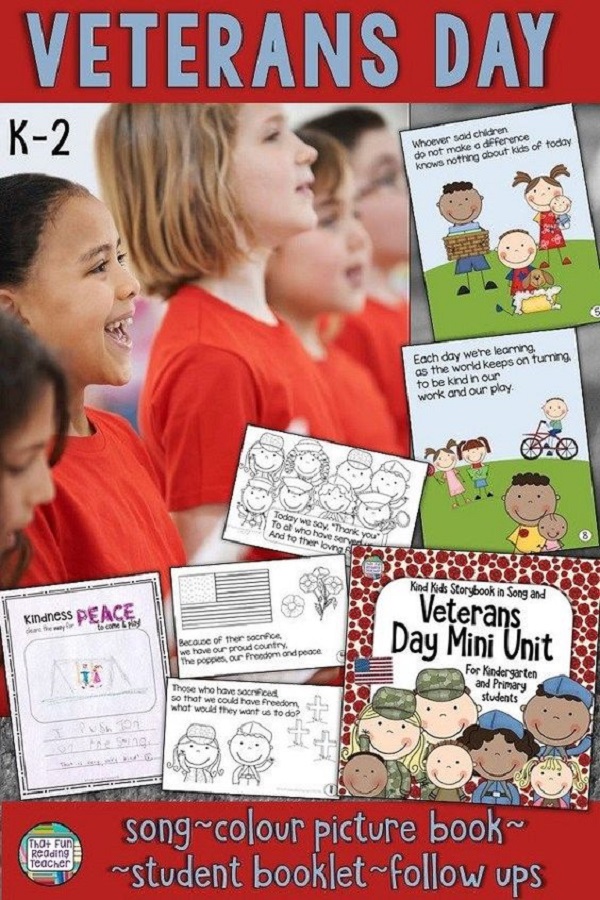 Veterans Day Resource for primary, kindergarten - Color and line art song book, printables $