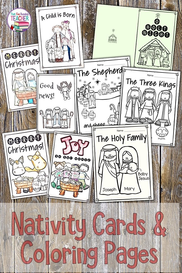 Fun coloring pages and printable cards about Jesus' birth for kindergarten and primary students! $ #christmas #teaching #kindergarten #nativity #printables #noprep #coloring #printables #thatfunreadingteacher
