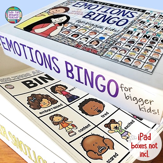 Teacher organizational hack built into the Dealing-With-Feelings BINGO games - images included if you are lucky enough to have an iPad box in your possession! #teacherhack #feelingsbingo #tpt #classroomorganization #ThatFunReadingTeacher #DWF
