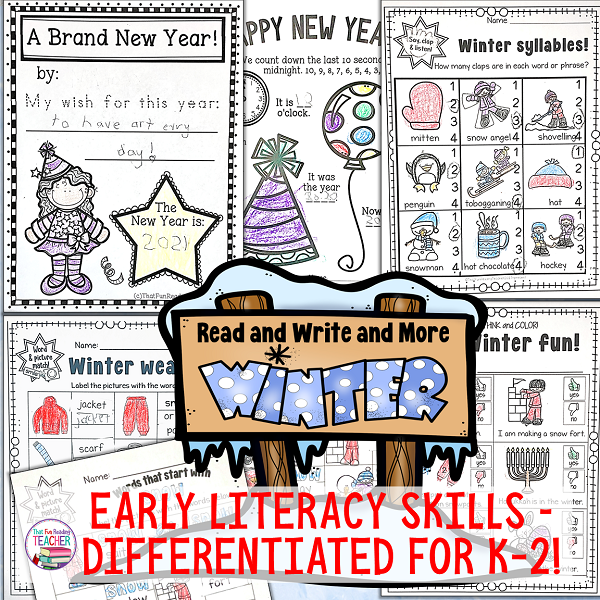 Fun, Differentiated Winter Early Literacy Skills printables, some pages enabled for Google Classroom through TpT's Digital Activities feature!