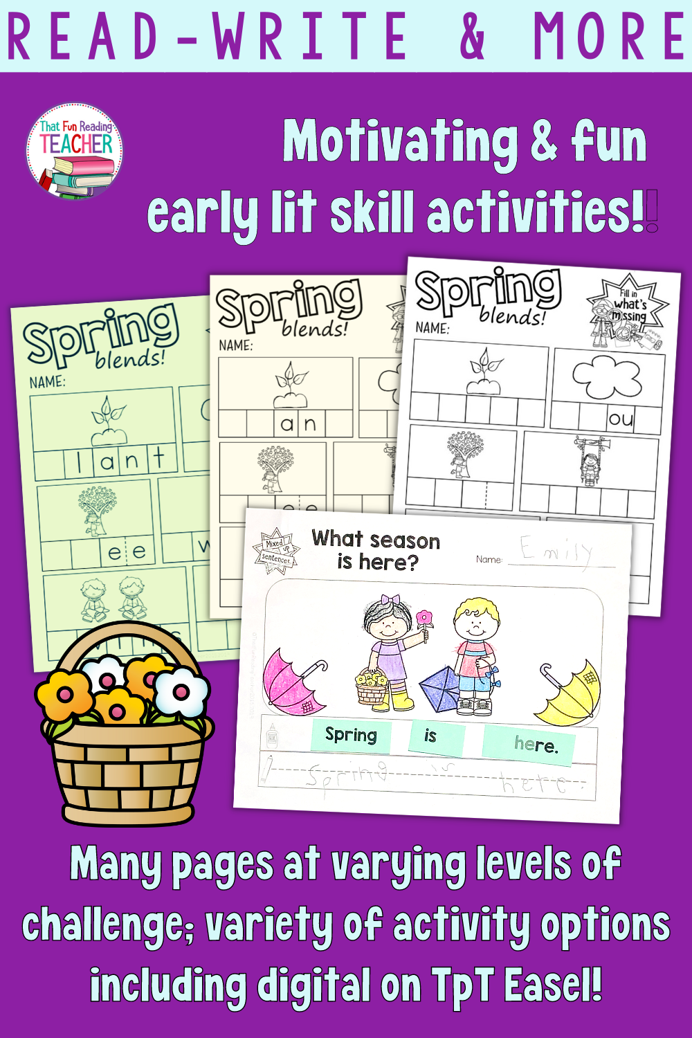 Fun, no prep Spring early literacy activities for K-1+! Printable and digital with #TpTEasel. #spring #easter #earthday